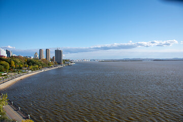 Russia. Khabarovsk. View of the Amur River and the city embankment