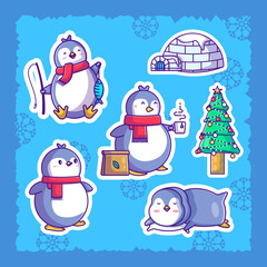 Cute christmas penguin stickers pack illustration