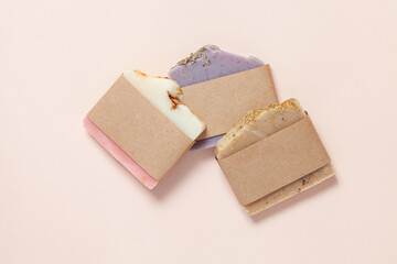 Aromatic Natural Soap. Different Handmade soap bars  on table. No plastic concept. Top view - obrazy, fototapety, plakaty