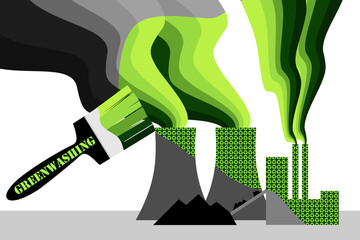 Greenwashing, power station being painted environmentally green with a greenwashing paintbrush concept illustration, companies using misleading information to paint a business as friendly