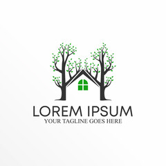 Obraz premium two Tree and roof house with window image graphic icon logo design abstract concept vector stock. Can be used as a symbol related to property or nature.