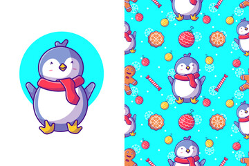 Funny christmas seamless pattern with Cute penguin celebrating christmas