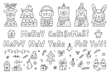 Big doodle Christmas set. Hand lettering, cute animals in hats, sweaters and different holiday winter objects. Vector illustration.Doodle style. Vector illustration.