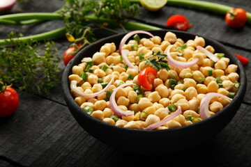 Healthy vegan diet food- organic chickpeas salad.