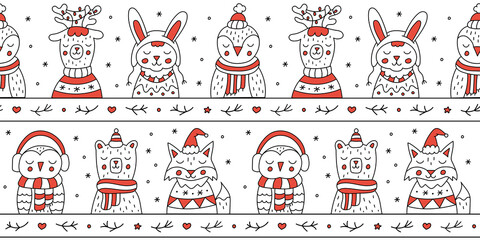 Cute animals ornament. Christmas seamless pattern. Winter doodle background. Ideal for wrapping paper, textiles and holiday decorations. Vector illustration.