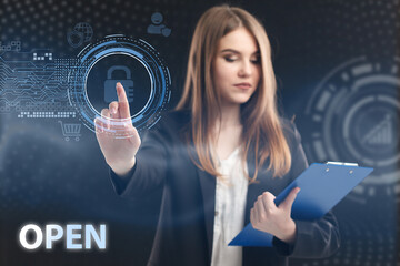 Business, Technology, Internet and network concept. Young businessman working on a virtual screen...