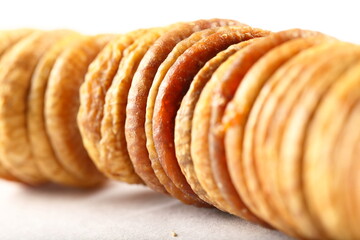 Close up, macro image of dry fruits, sun dried fig fruit.