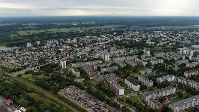 Living district of old block apartment buildings in Jonava city, aerial view