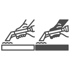 Surface treatment with cleaning agent line and solid icon, dry cleaning concept, stain removal vector sign on white background, outline style icon for mobile concept and web design. Vector graphics.