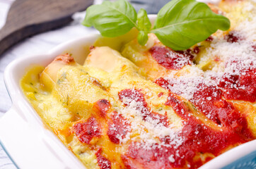 Traditional baked cannelloni with meat filling