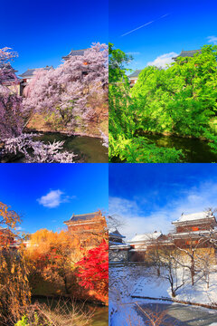 上田城の北櫓と本丸堀の四季,桜と新緑と紅葉と雪景色, 上田市,長野県