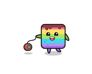 cartoon of cute rainbow cake playing a yoyo