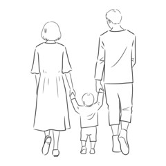 Illustration of back view of the family on a walk (white background, vector, cut out, line art)