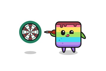 cute rainbow cake is playing dart