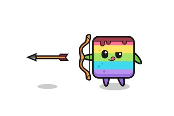 illustration of rainbow cake character doing archery