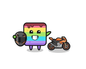 cute rainbow cake cartoon as a motorcycle racer