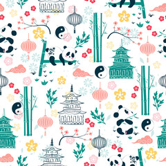 China themes background seamless pattern cartoon vector illustration. Chinese sticker symbols and objects.