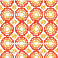 Blockprint pattern with rainbow circles and stars