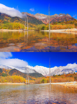 紅葉の大正池と新雪の降る前と後の穂高連峰, 松本市,長野県
