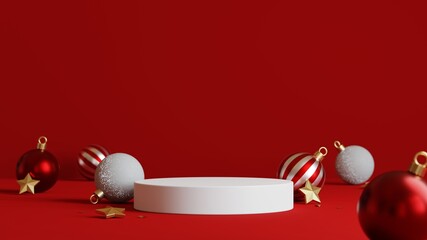Christmas background with podium for product display. 3d rendering. Red background.