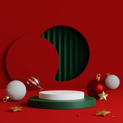 Christmas background with podium for product display. 3d rendering. Red background.