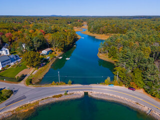 Fototapeta na wymiar Chauncey Creek aerial view in fall between Gerrish Island and Kittery Point in town of Kittery, Maine ME, USA. 