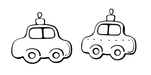 Set of vector outline glass xmas tree toys, decorations in form of car, doodle style. Clipart for Merry xmas and happy new year greeting card, coloring page, template for children creativity
