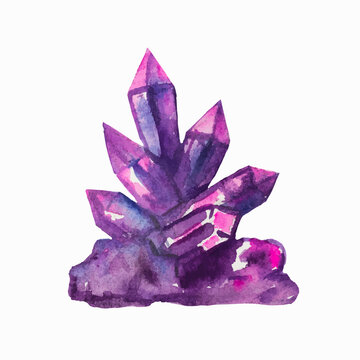 Purple colorful ametist crystals isolated on white background. Watercolor hand drawn illustration.