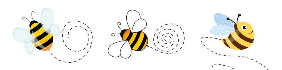 Set of cartoon bee mascot. A small bees flying on a dotted route. Wasp collection. Vector characters. Incest icon. Template design for invitation, cards. Doodle style