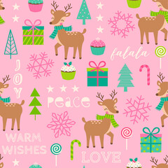 Seamless of cute reindeer and decorative elements for christmas and new year background.
