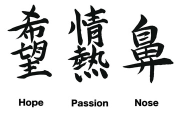日本の漢字のデザイン「希望」「情熱」「鼻」。

These are Japanese kanji written in calligraphy. 
These mean "Hope , Passion , Nose".

