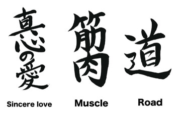 日本の漢字のデザイン「真心の愛」「筋肉」「道」。

These are Japanese kanji written in calligraphy. 
These mean 