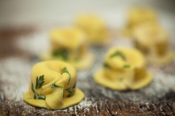 Capeletti raw and dry and flower close up details shots