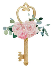 Watercolor vintage gold key with roses and eucalyptus. Hand drawn retro illustration of metal key with flowers.