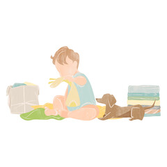 ぬいぐるみで遊ぶ赤ちゃんと犬の手描き水彩風イラスト