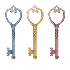 Watercolor vintage keys set. Hand drawn retro illustration of gold, bronze and silver keys.