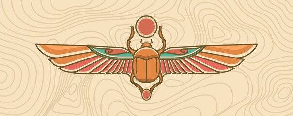 Scarab with wings vector illustration, ancient Egypt animal for Khepri, egyptian god. magic symbol for Pharaoh with topographic line background. egypt mythology tattoo design.
