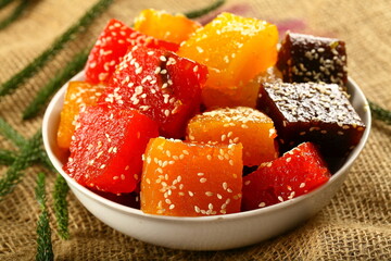 Indian traditional sweets, homemade halva dish.