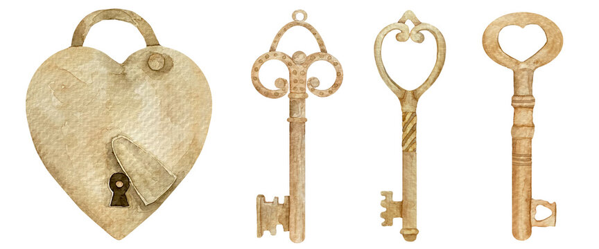Watercolor retro metal key and lock set. Antiques gold padlock and key isolated on white.