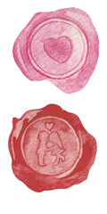 Watercolor love stamp. Red and pink valentine wax seal