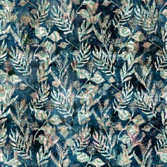 Seamless elegant mixed media pattern in navy, blue, pink, and cream. High quality illustration. Ornate and highly detailed and textured realistic faux collage. Sophisticated intense textile design.