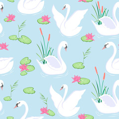 White swan background seamless cartoon vector illustration. Swan in pond wallpaper