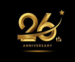 Golden 26 year anniversary celebration logo design with star symbol