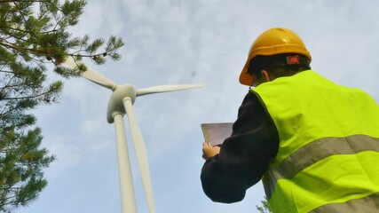 Wind power generator inspector analyzing windmill turbine usage data - static view - Powered by Adobe