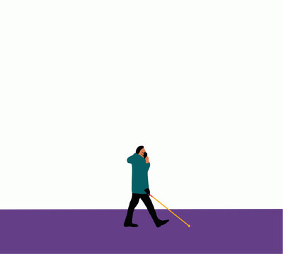 Blind person wearing protective mask with stick walking on street due to the alarm state and quarantine. Demonstrating Proper Cane Technique. vector illustration