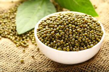 Bowl of organic green mung beans , Vegetarian cooking. 