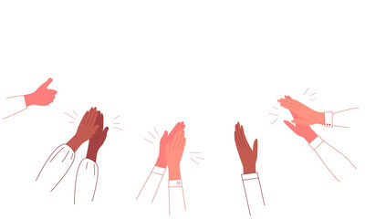 Human hands applaud. Group of People clap. Multicultural arm. Greetings Ovation Support, Congratulations. Flat Vector illustration on white background