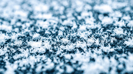 Frosting macro. Cold snow winter background. Blue crystal frozen abstract pattern. White frost ice texture.