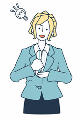 スーツを着た女性が閃いているイラスト