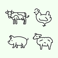 SET of domestic mammal icon vector illustration. Cow  hen pig sheep outline symbol. Chicken pork beef meat production, bird breeding. Poultry farm, animal husbandry